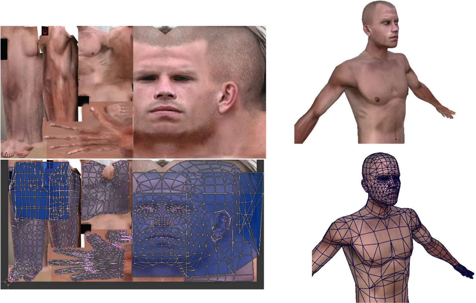 Dépliage UV en pratique : la surface est découpée en patches disposés dans l’espace texture.